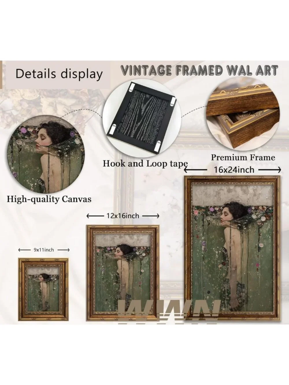 Vintage Gold Framed Wall Art, Romantic Gothic Oil Painting Canvas, Dark Academia